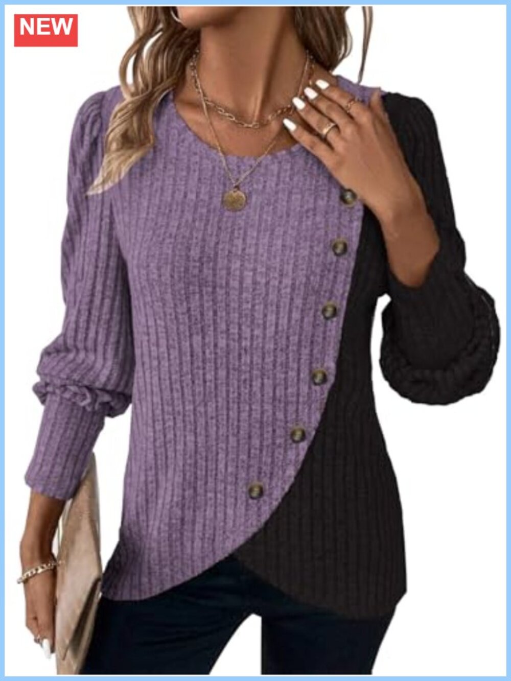 Womens Knit Sweater Ribbed Colorblock Button Pullover Long Sleeve